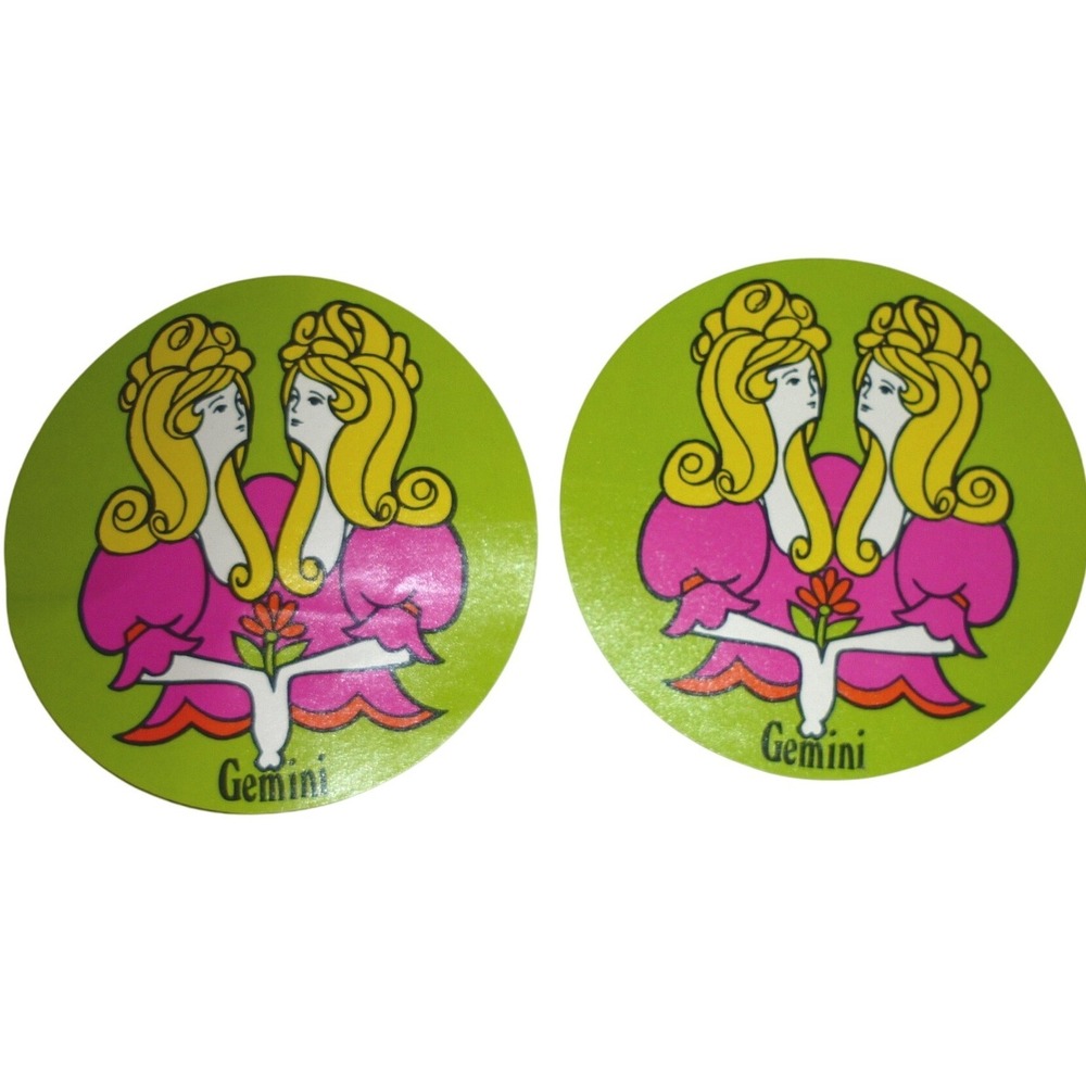 Vintage 70s Gemini Zodiac Stickers Retro Psychedelic Astrology Decals Set of 2